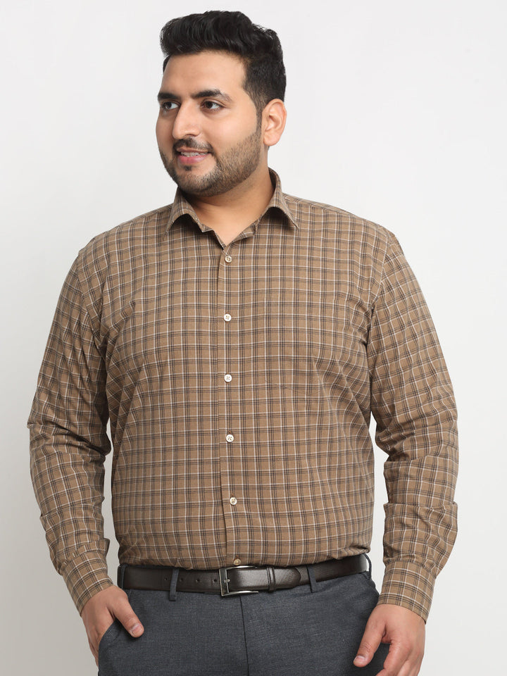 Plus Size  Brown Grid Tattersall Checked Opaque Formal Shirt