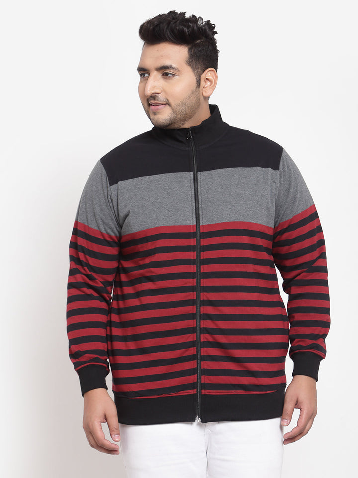 Plus Size Men Grey & Red Striped Sweatshirt