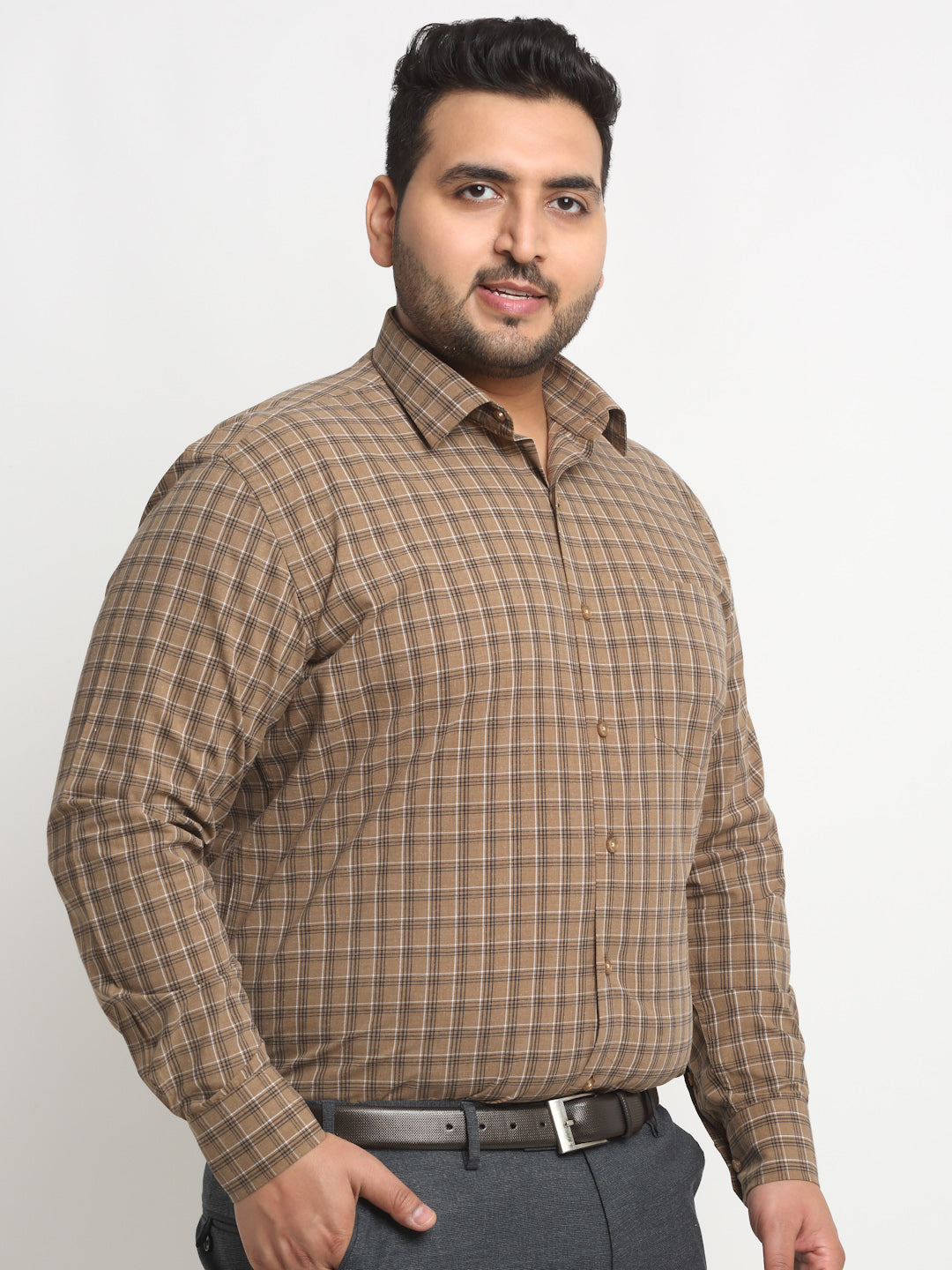 Plus Size  Brown Grid Tattersall Checked Opaque Formal Shirt