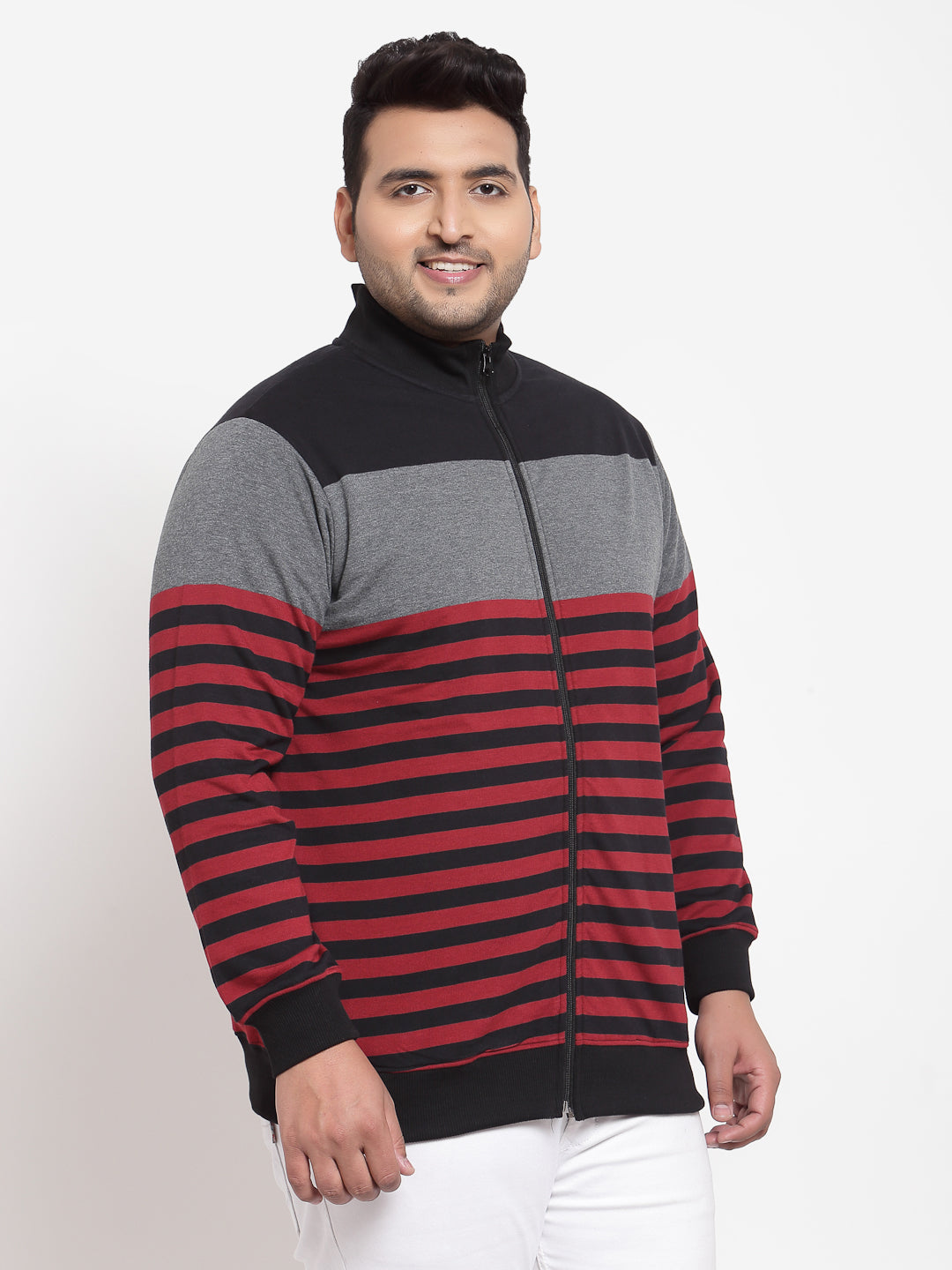 Plus Size Men Grey & Red Striped Sweatshirt