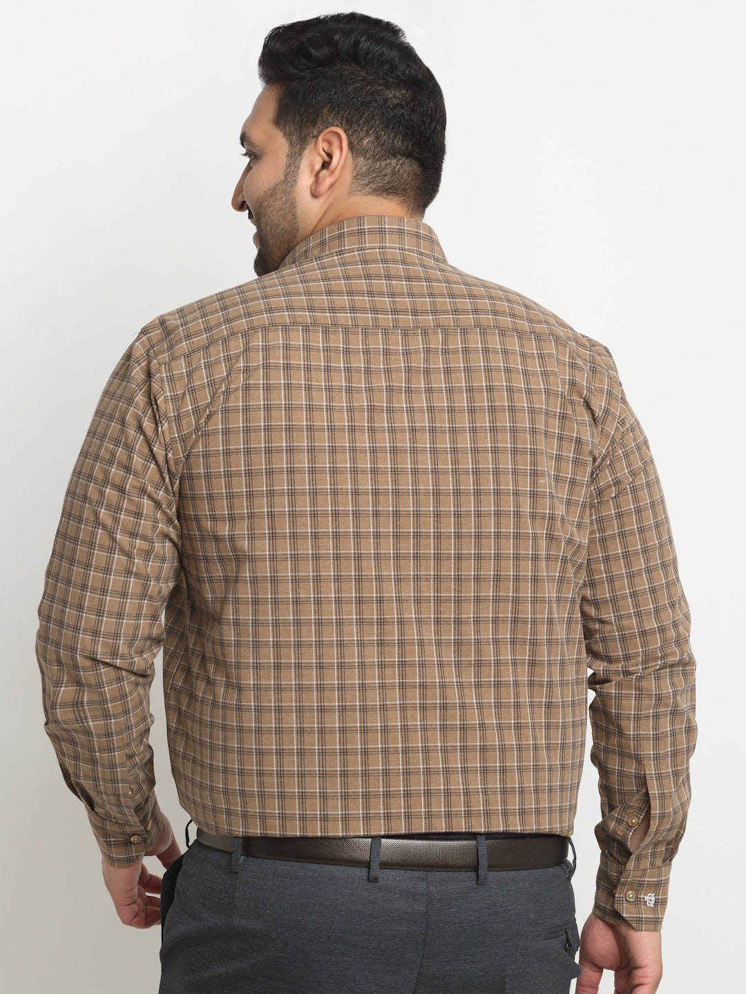 Plus Size  Brown Grid Tattersall Checked Opaque Formal Shirt