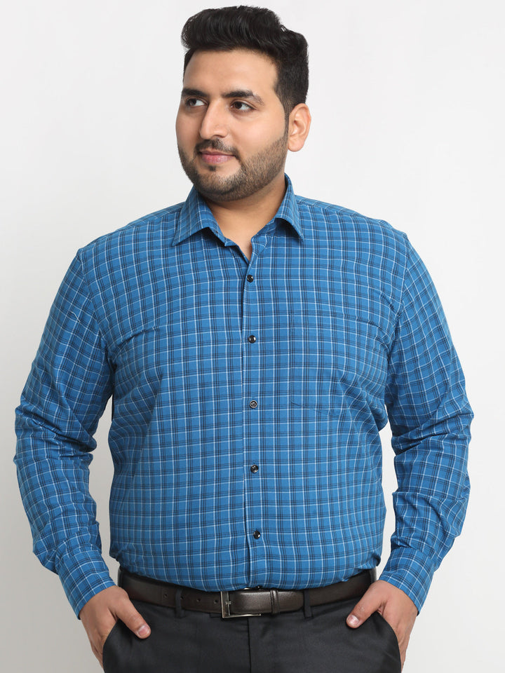 Plus Size  Blue Grid Tattersall Checked Opaque Formal Shirt