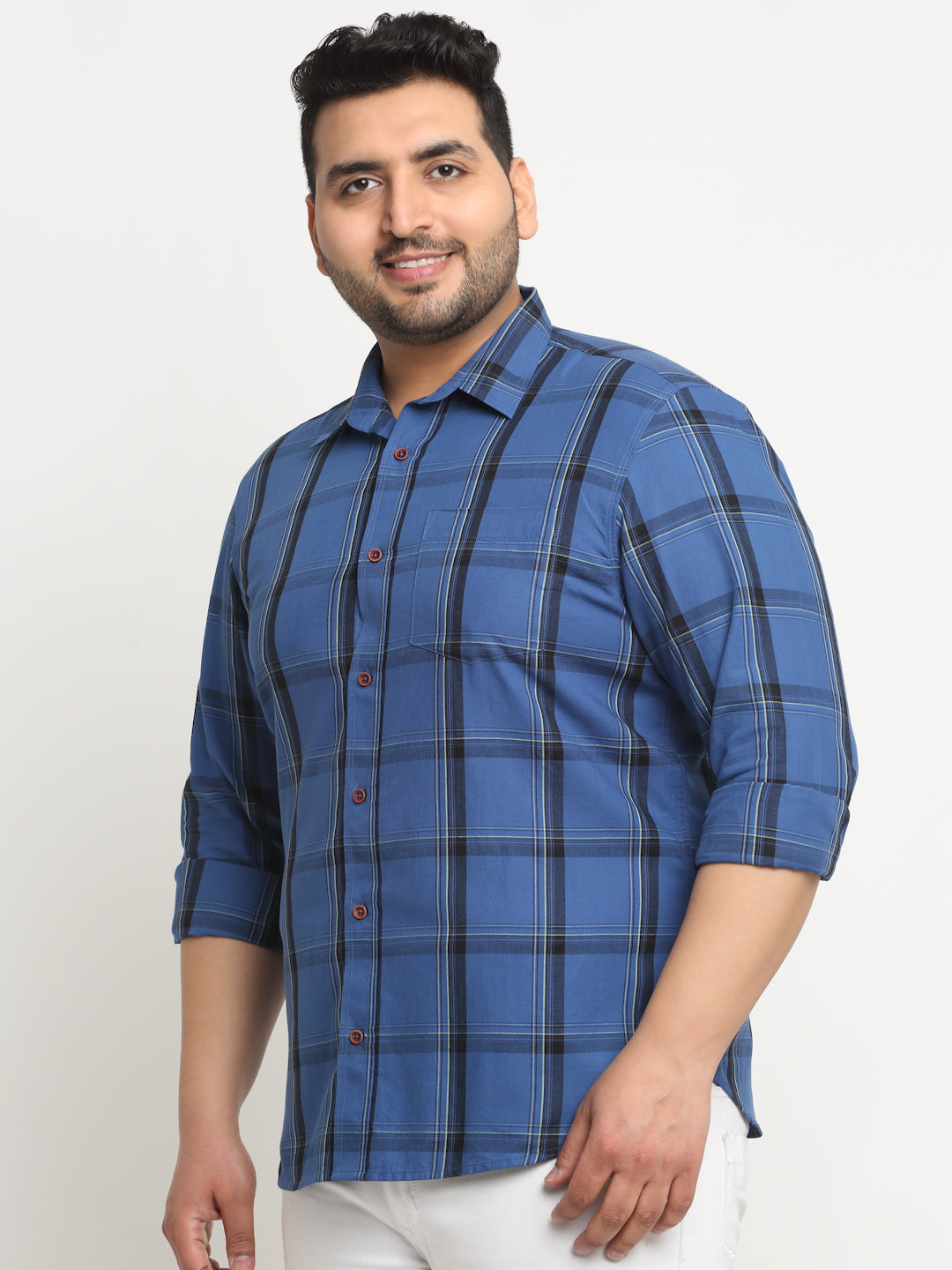 Plus Size  Windowpane Checks Cotton Casual Shirt