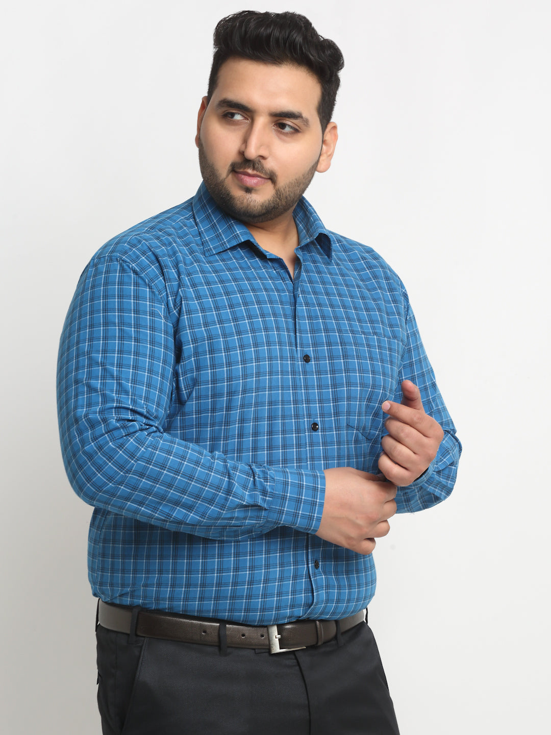 Plus Size  Blue Grid Tattersall Checked Opaque Formal Shirt