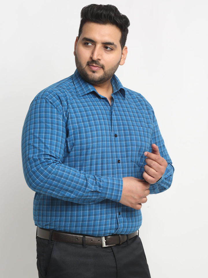 Plus Size  Blue Grid Tattersall Checked Opaque Formal Shirt