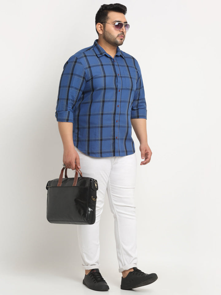Plus Size  Windowpane Checks Cotton Casual Shirt