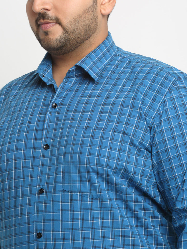 Plus Size  Blue Grid Tattersall Checked Opaque Formal Shirt