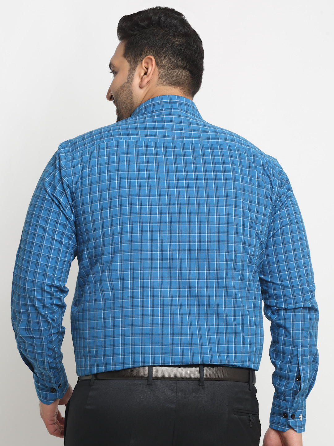 Plus Size  Blue Grid Tattersall Checked Opaque Formal Shirt