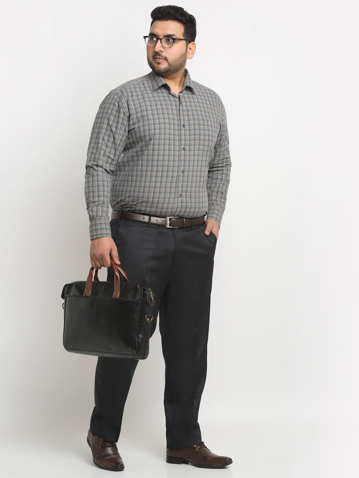 Plus Size  Grey Grid Tattersall Checked Opaque Formal Shirt