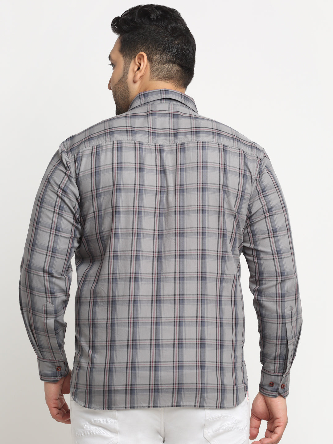 Plus Size Tartan Checked Spread Collar Cotton Casual Shirt