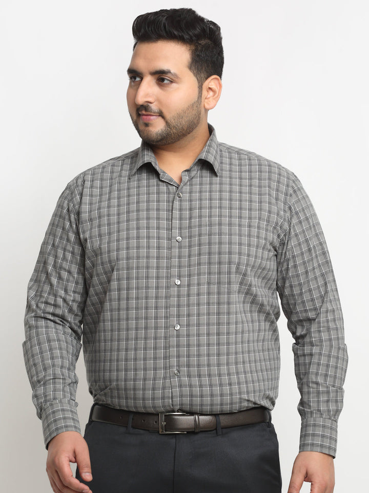 Plus Size  Grey Grid Tattersall Checked Opaque Formal Shirt
