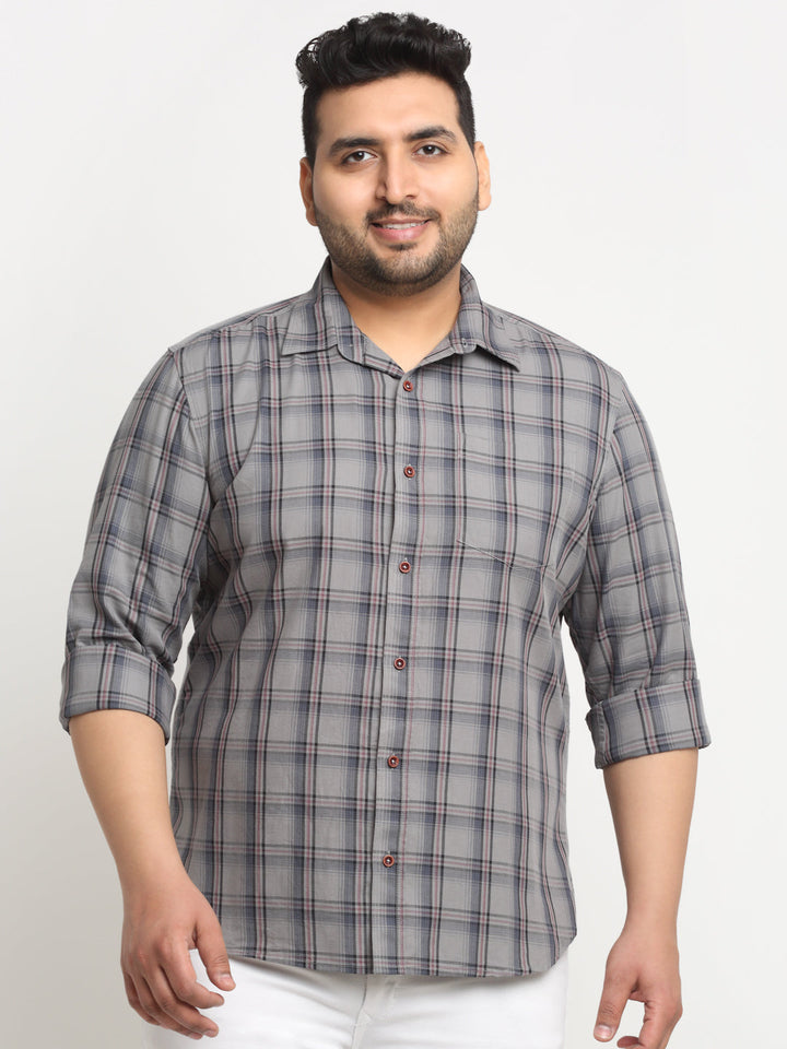 Plus Size Tartan Checked Spread Collar Cotton Casual Shirt