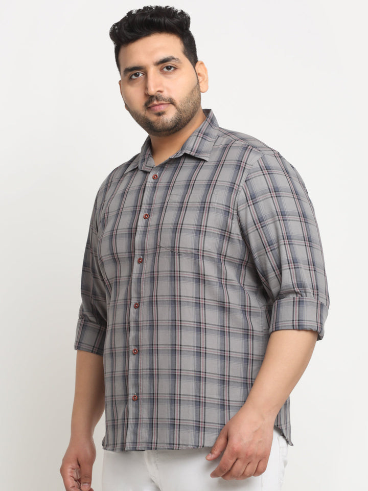 Plus Size Tartan Checked Spread Collar Cotton Casual Shirt
