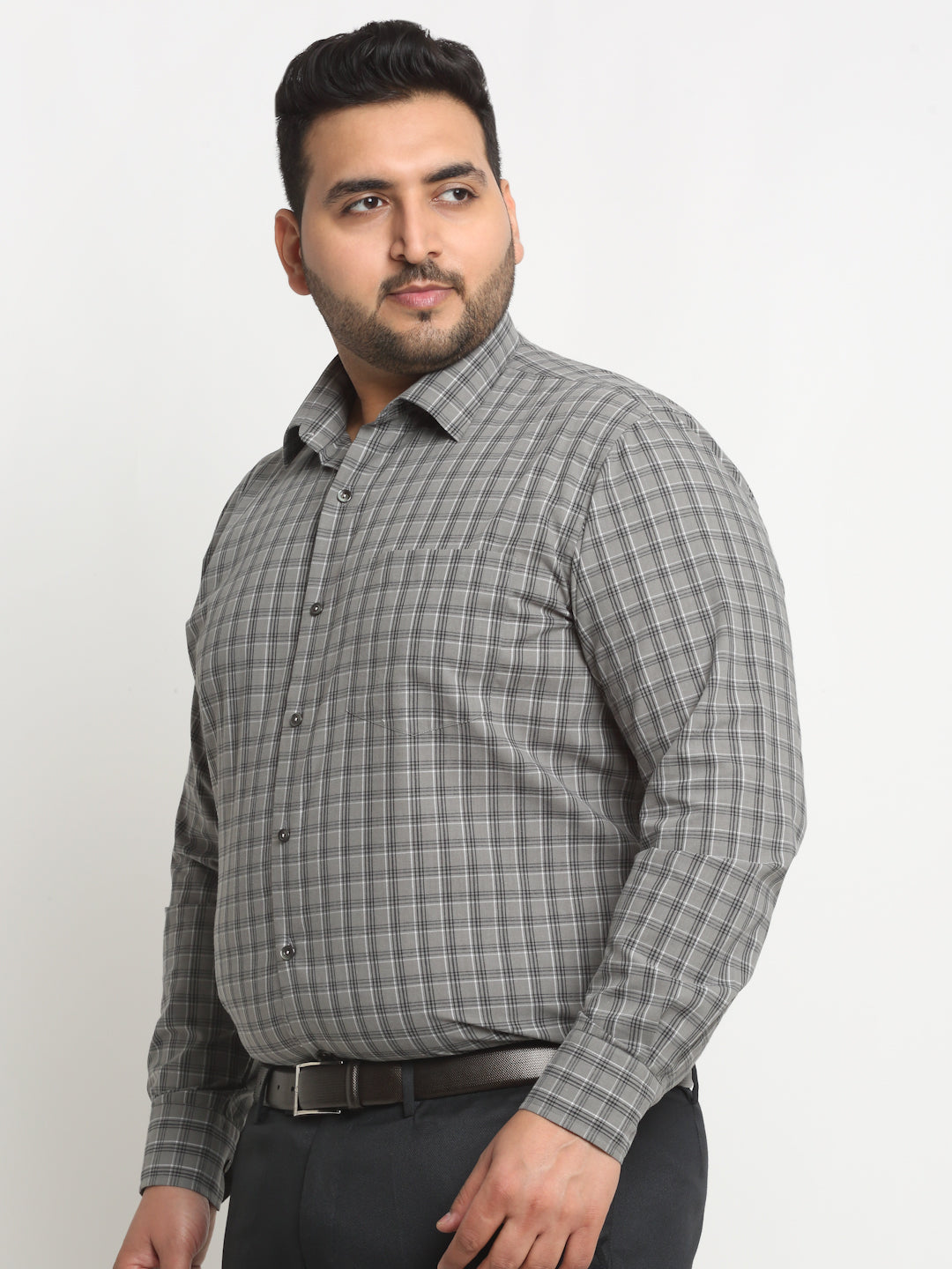 Plus Size  Grey Grid Tattersall Checked Opaque Formal Shirt