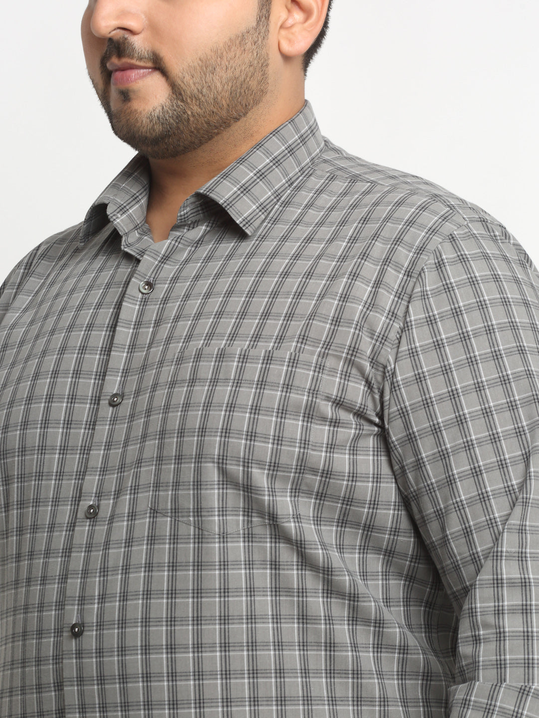 Plus Size  Grey Grid Tattersall Checked Opaque Formal Shirt