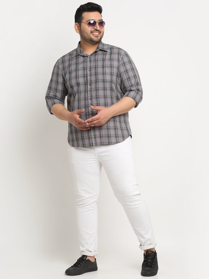 Plus Size Tartan Checked Spread Collar Cotton Casual Shirt