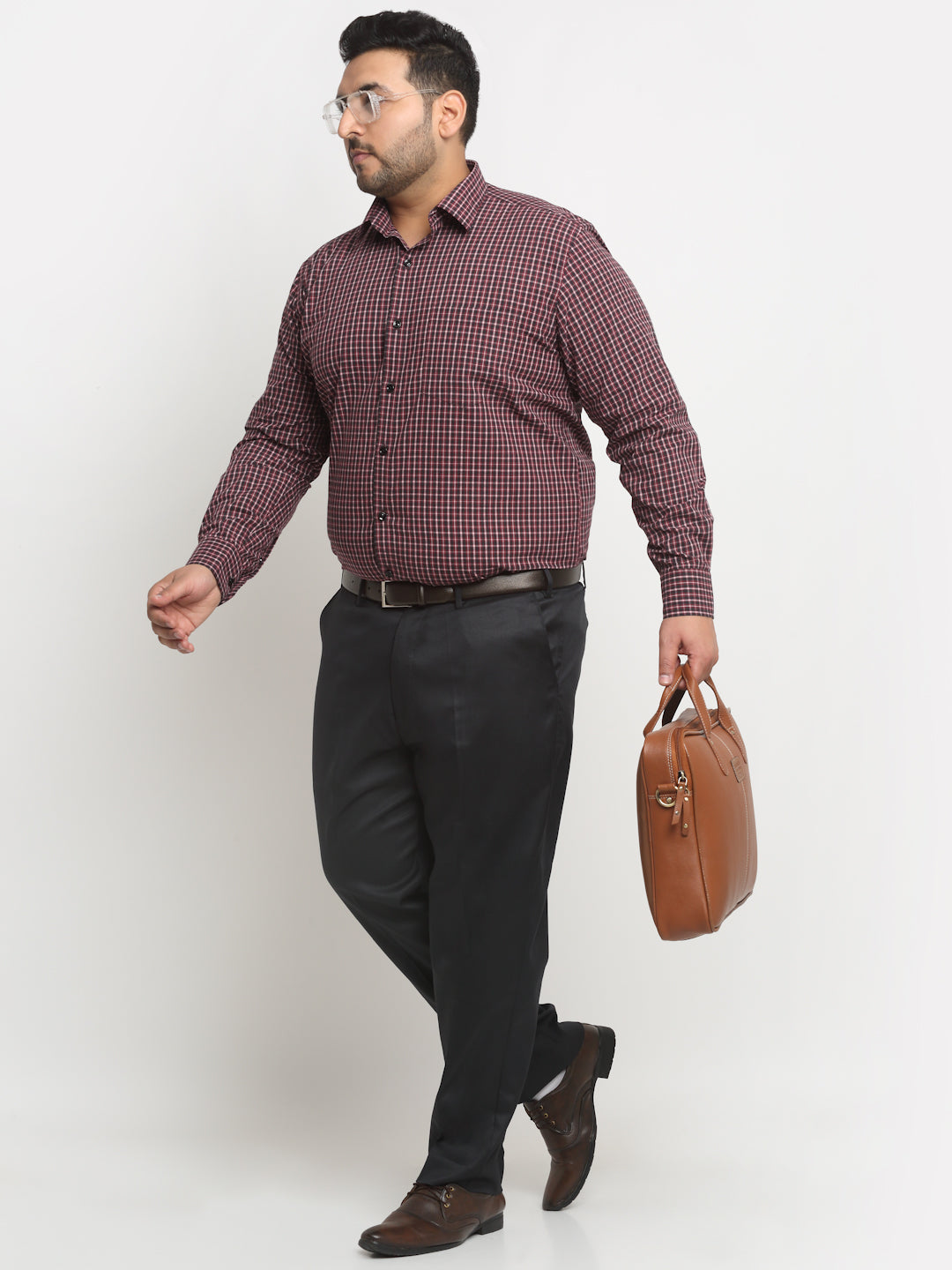 Plus Size  Maroon Grid Tattersall Checked Opaque Formal Shirt
