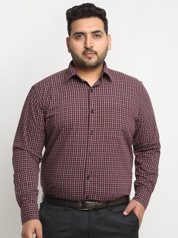 Plus Size  Maroon Grid Tattersall Checked Opaque Formal Shirt