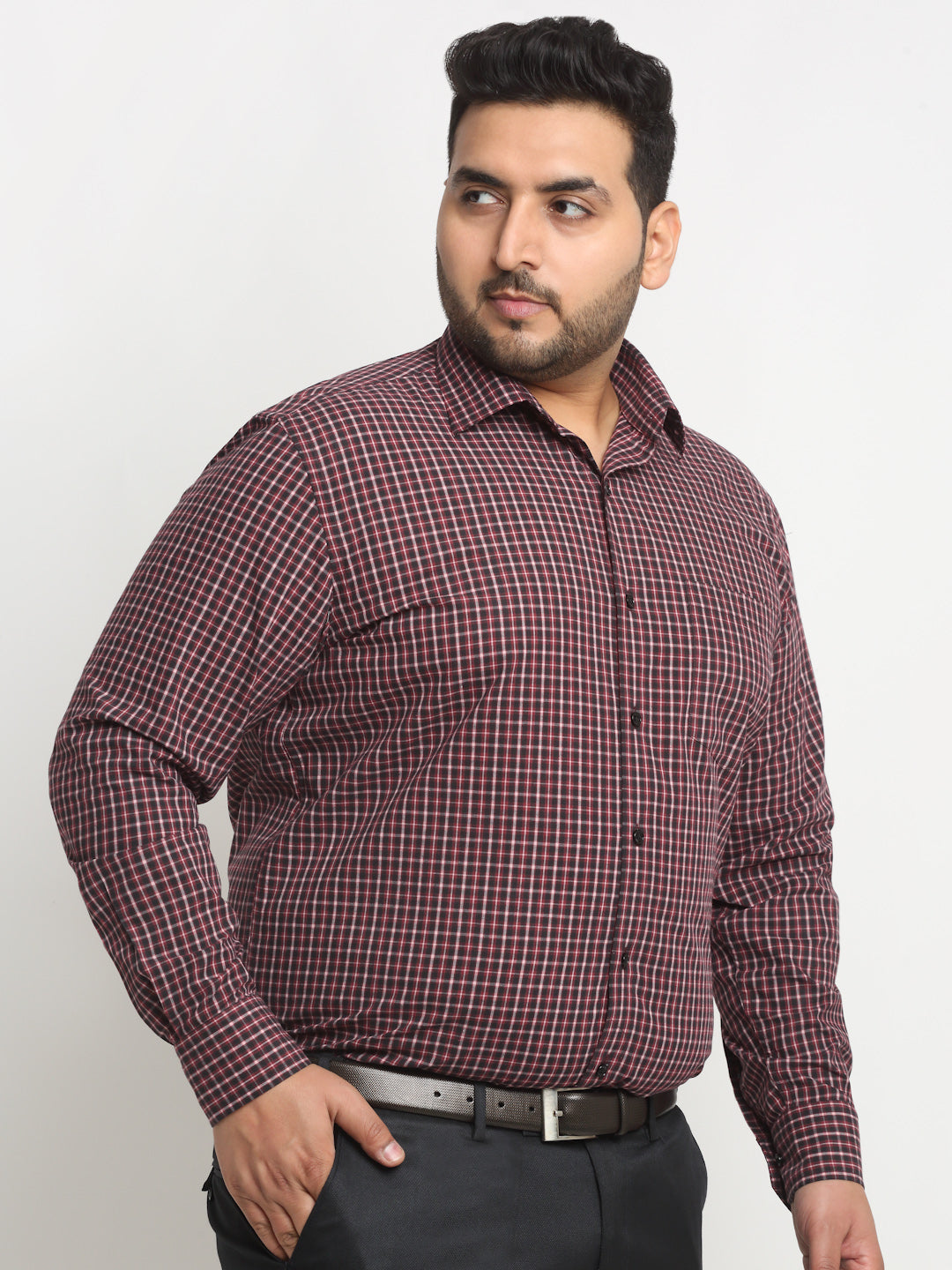 Plus Size  Maroon Grid Tattersall Checked Opaque Formal Shirt