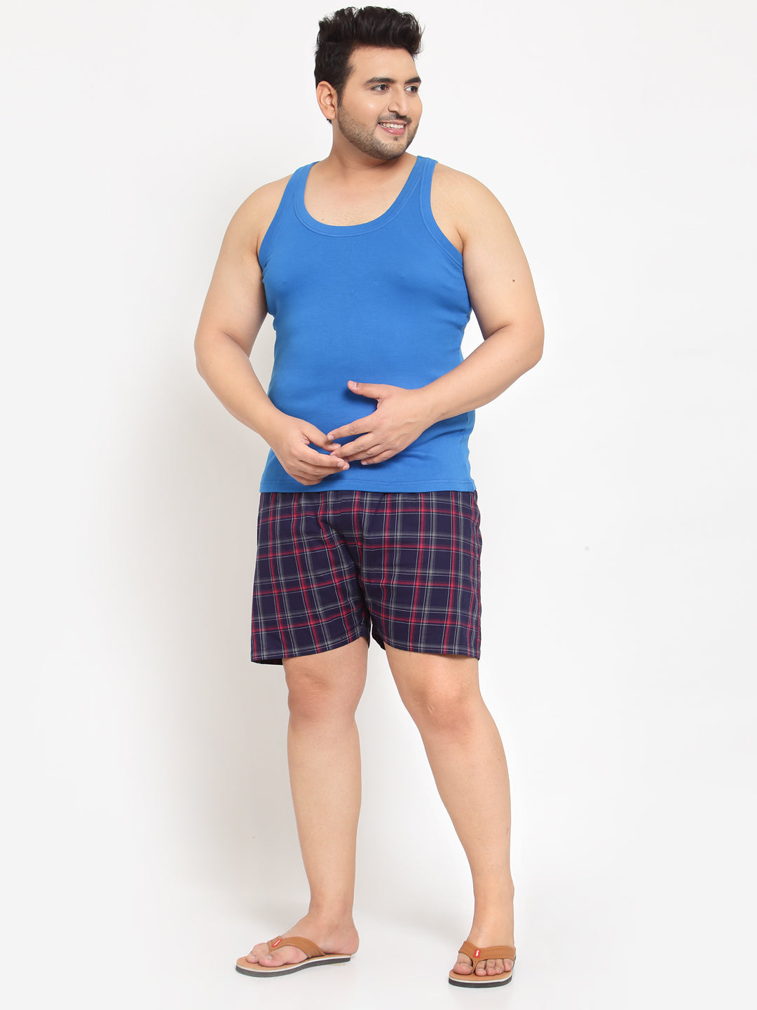 Plus Size Men Navy Blue  Red Checked Pure Cotton Boxer MBX208E