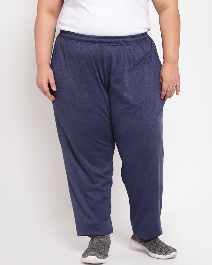 Plus Size Women Navy Blue Solid Straight-Fit Cotton Track Pants