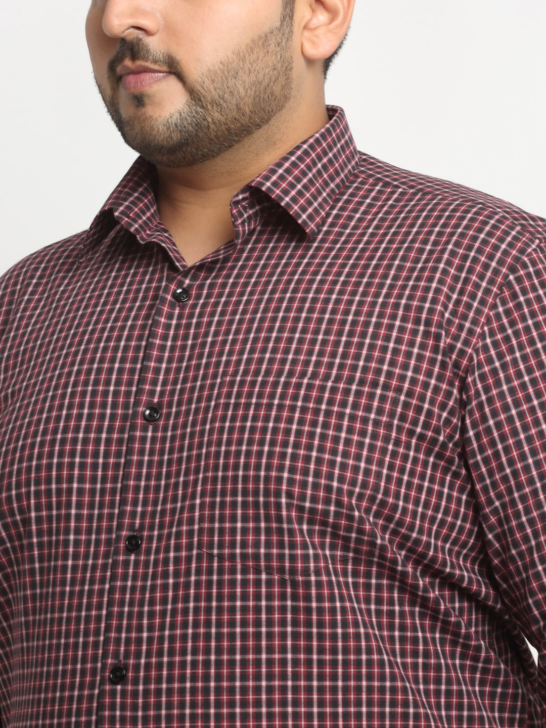 Plus Size  Maroon Grid Tattersall Checked Opaque Formal Shirt