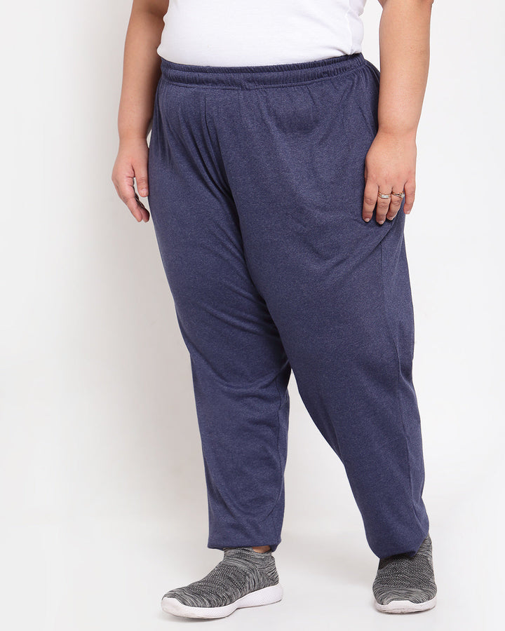 Plus Size Women Navy Blue Solid Straight-Fit Cotton Track Pants