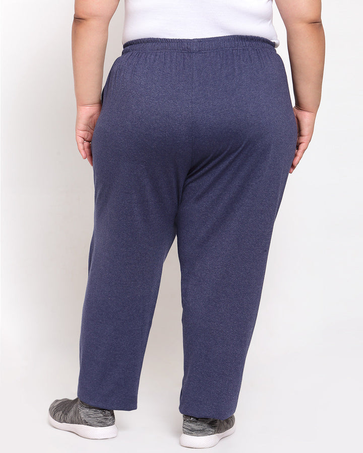 Plus Size Women Navy Blue Solid Straight-Fit Cotton Track Pants