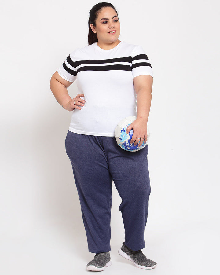 Plus Size Women Navy Blue Solid Straight-Fit Cotton Track Pants
