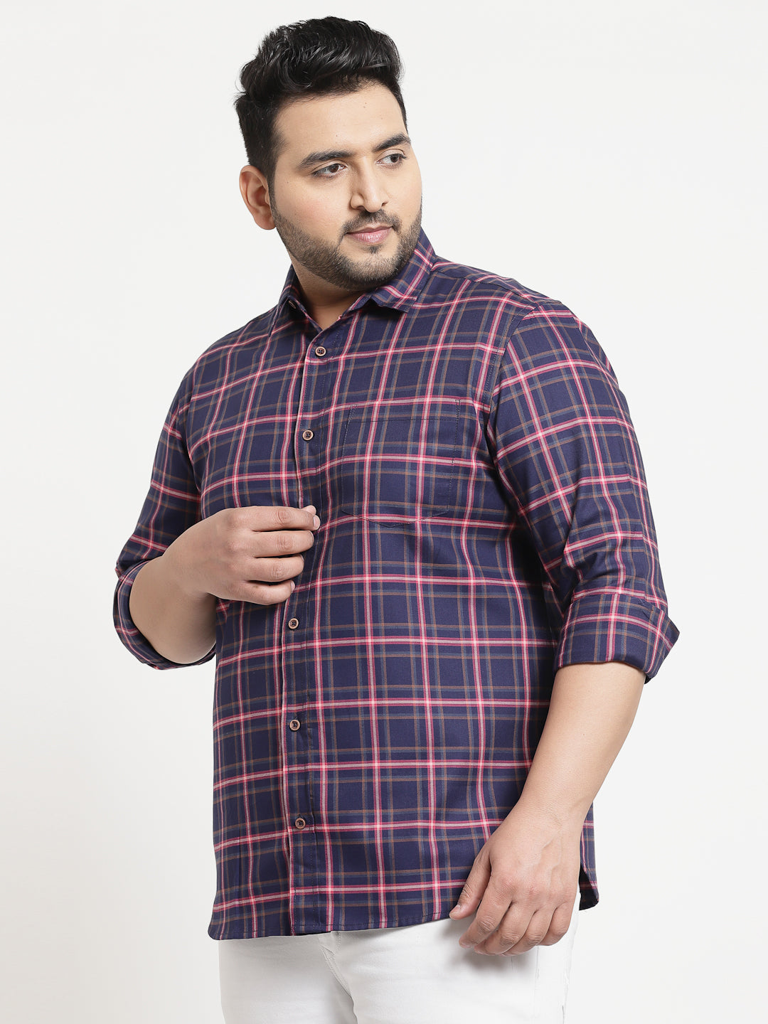 Plus Size Men  Navy Blue Tartan Checks Checked Casual Shirt