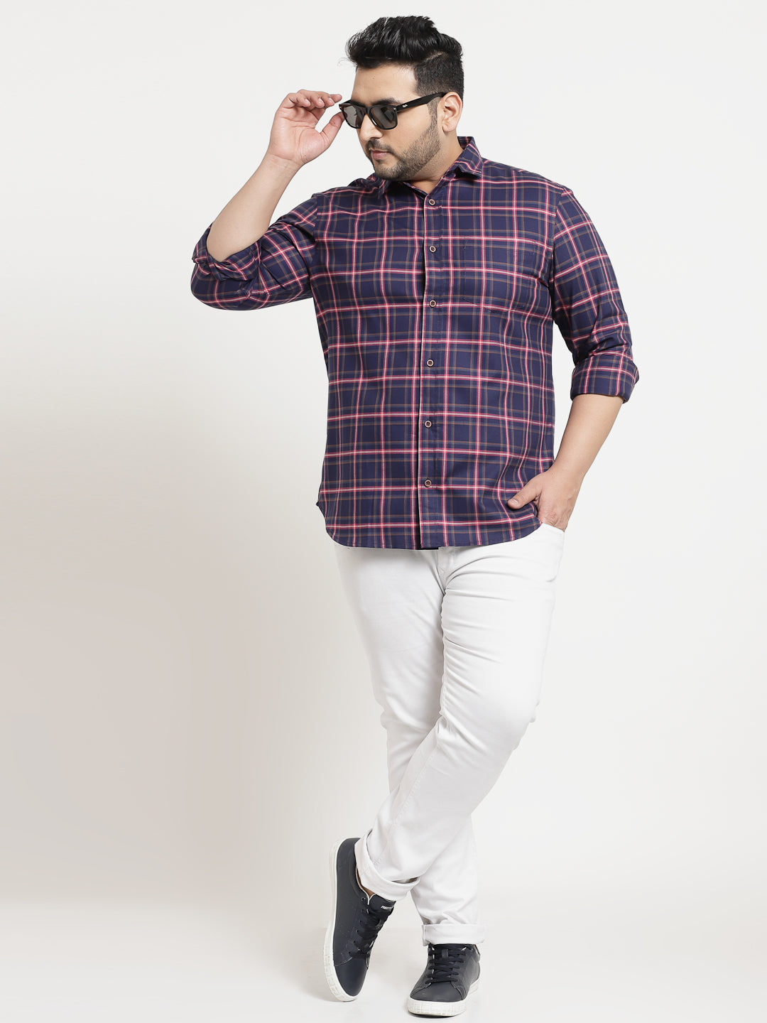 Plus Size Men  Navy Blue Tartan Checks Checked Casual Shirt