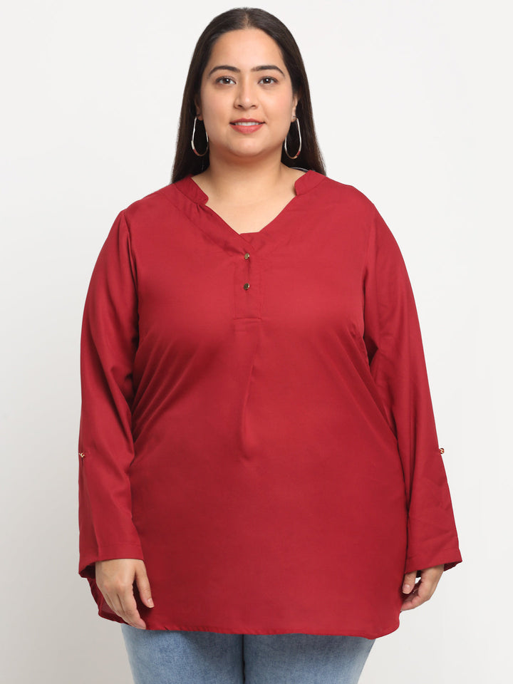 Plus Size Mandarin Collar Roll-Up Sleeves Top