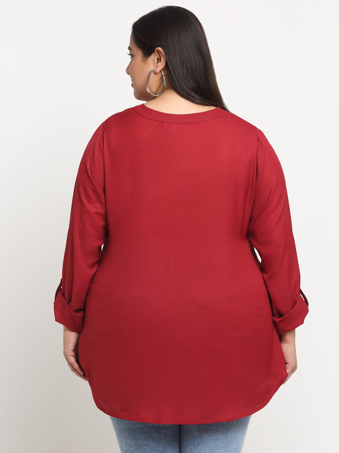 Plus Size Mandarin Collar Roll-Up Sleeves Top