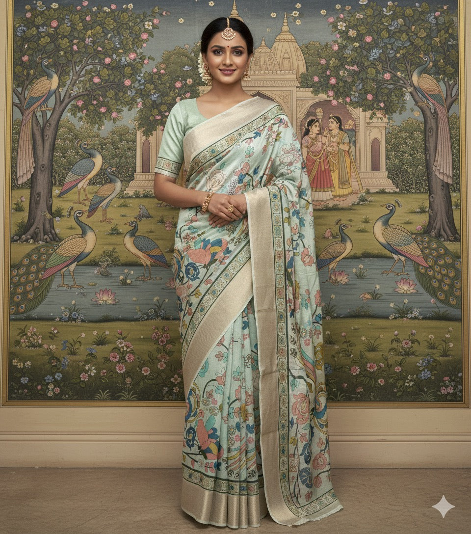 Chanderi Silk golden border digital print peacock design
