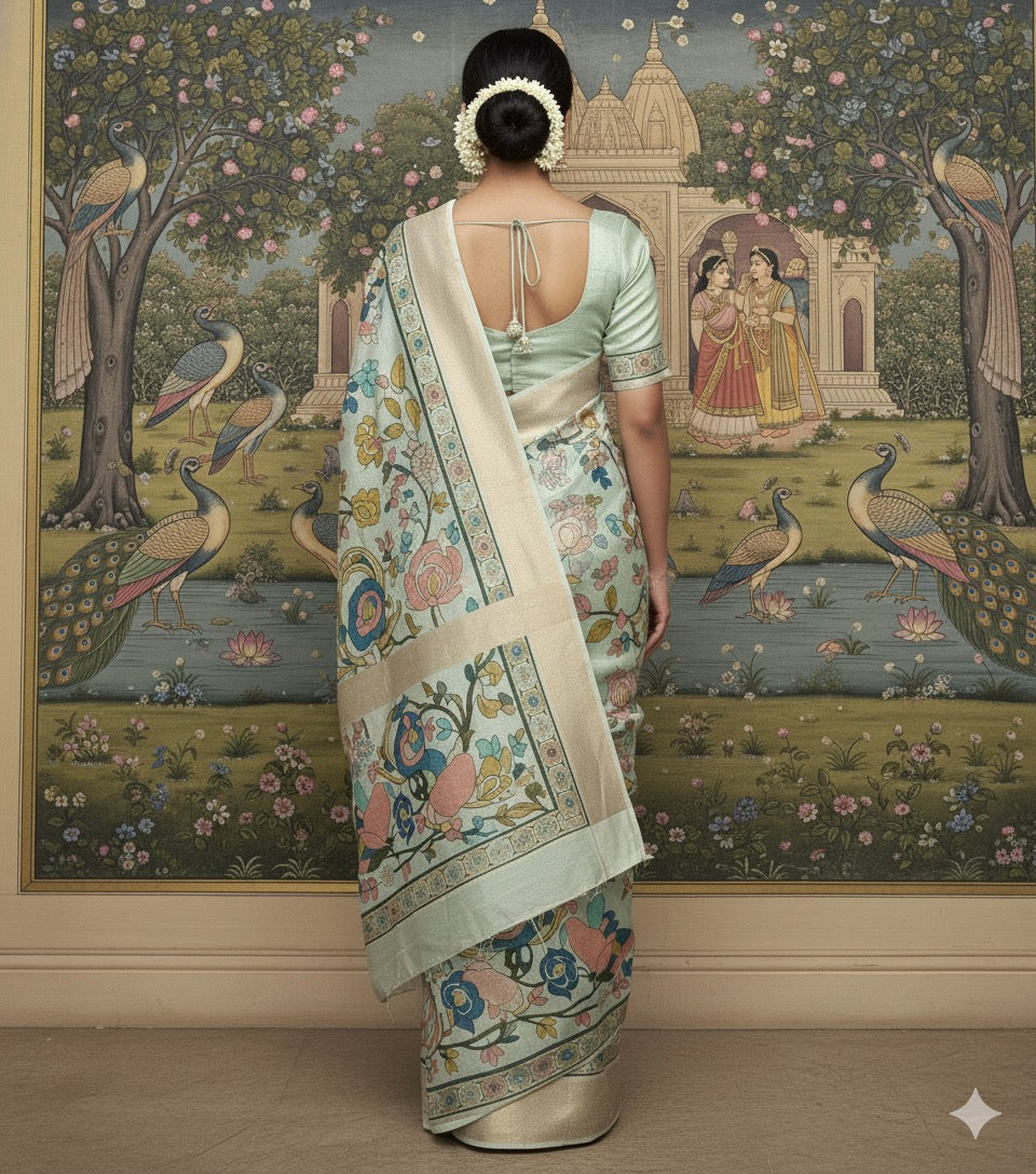 Chanderi Silk golden border digital print peacock design