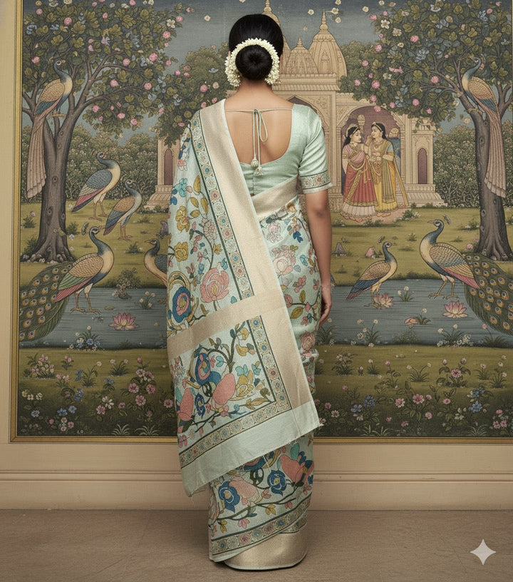 Chanderi Silk golden border digital print peacock design