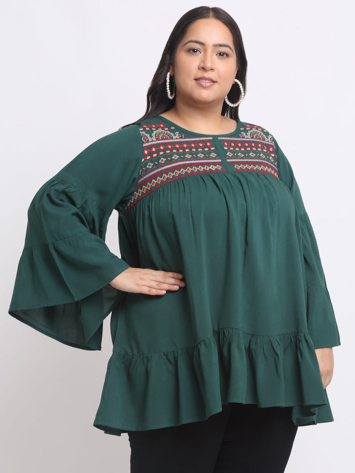 Plus Size  Ethnic Motif Embrodered Bell Sleeve Top