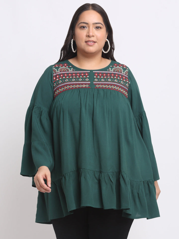 Plus Size  Ethnic Motif Embrodered Bell Sleeve Top