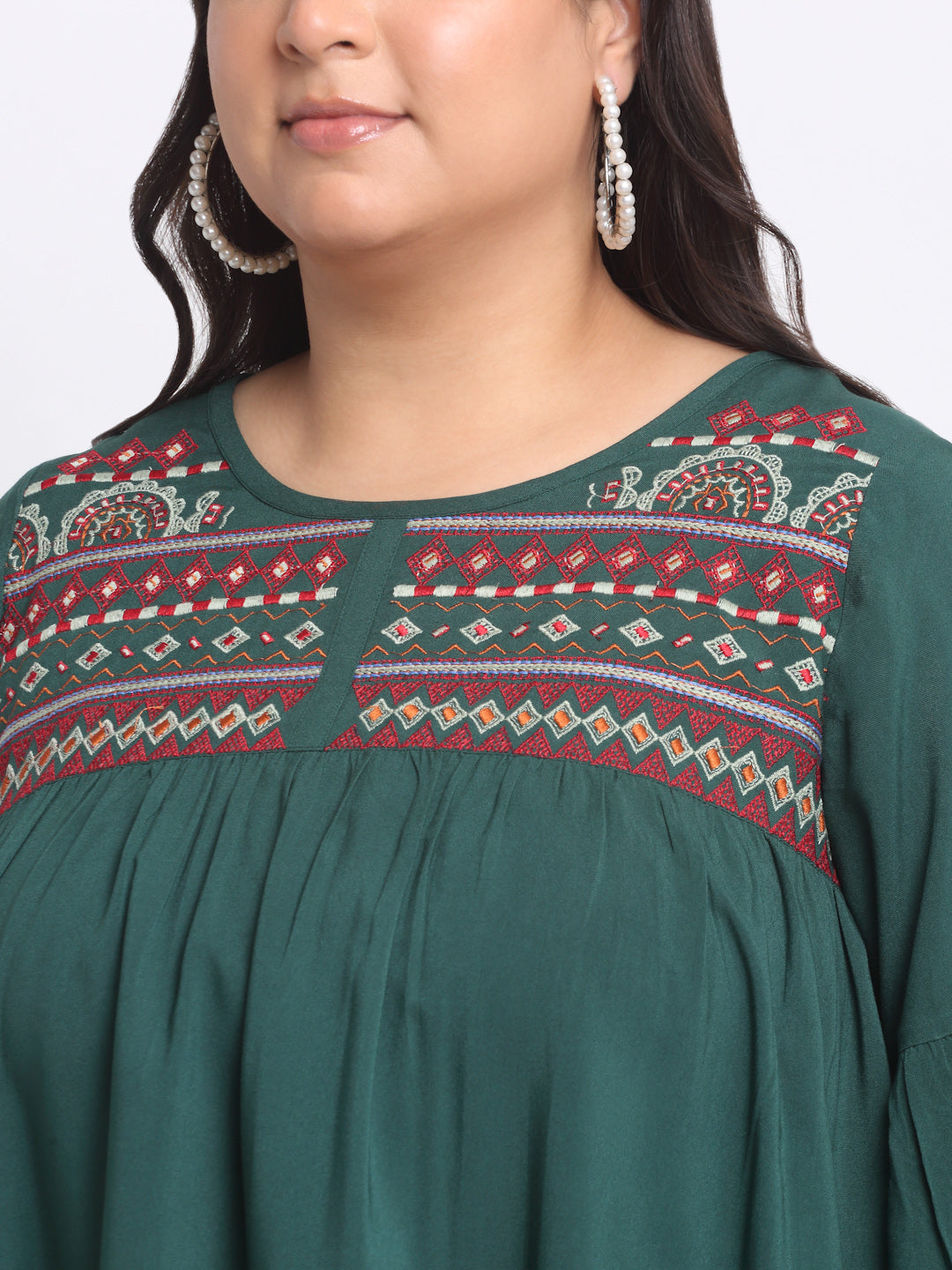 Plus Size  Ethnic Motif Embrodered Bell Sleeve Top