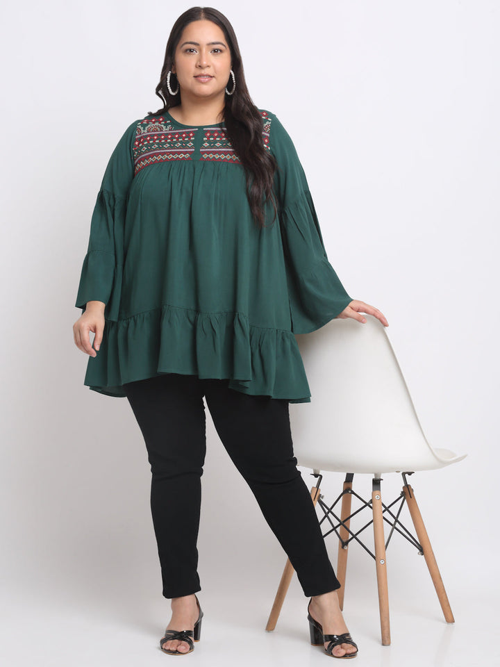 Plus Size  Ethnic Motif Embrodered Bell Sleeve Top