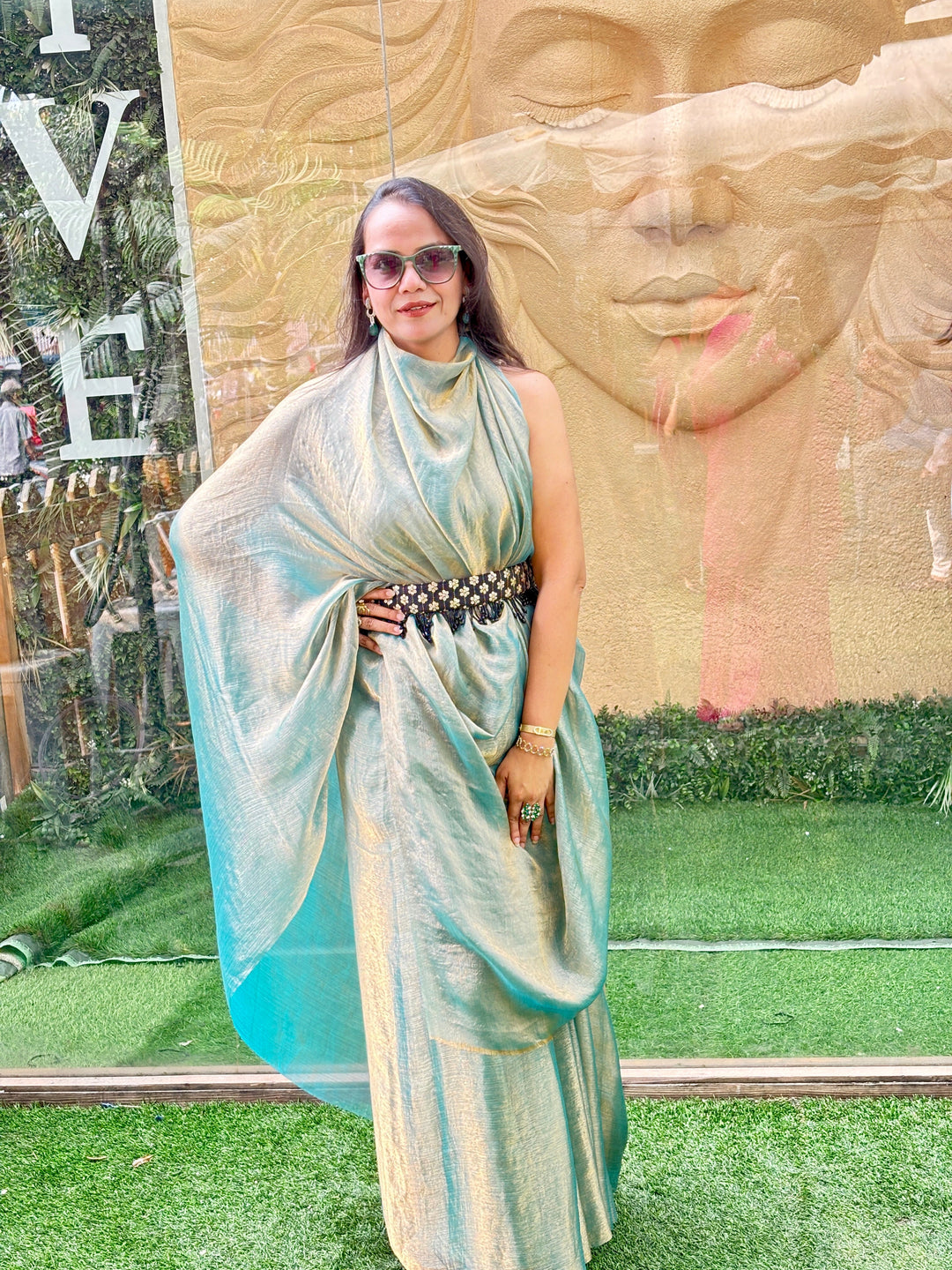 Designer Fendi green gold saree