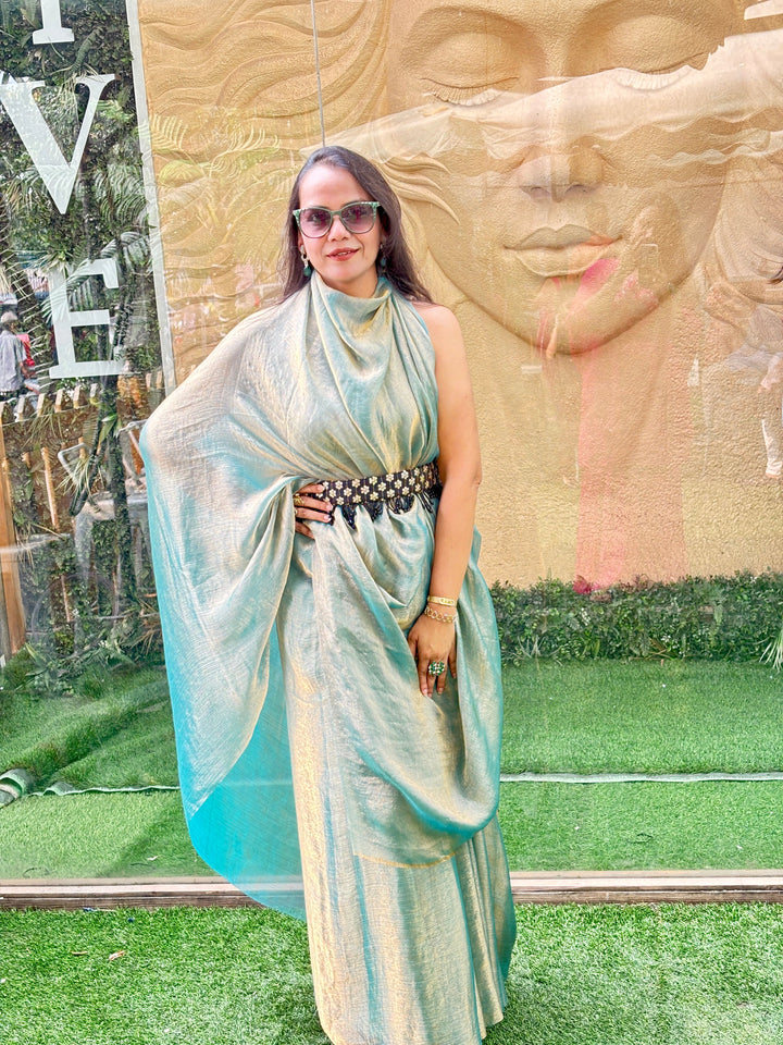 Designer Fendi green gold saree