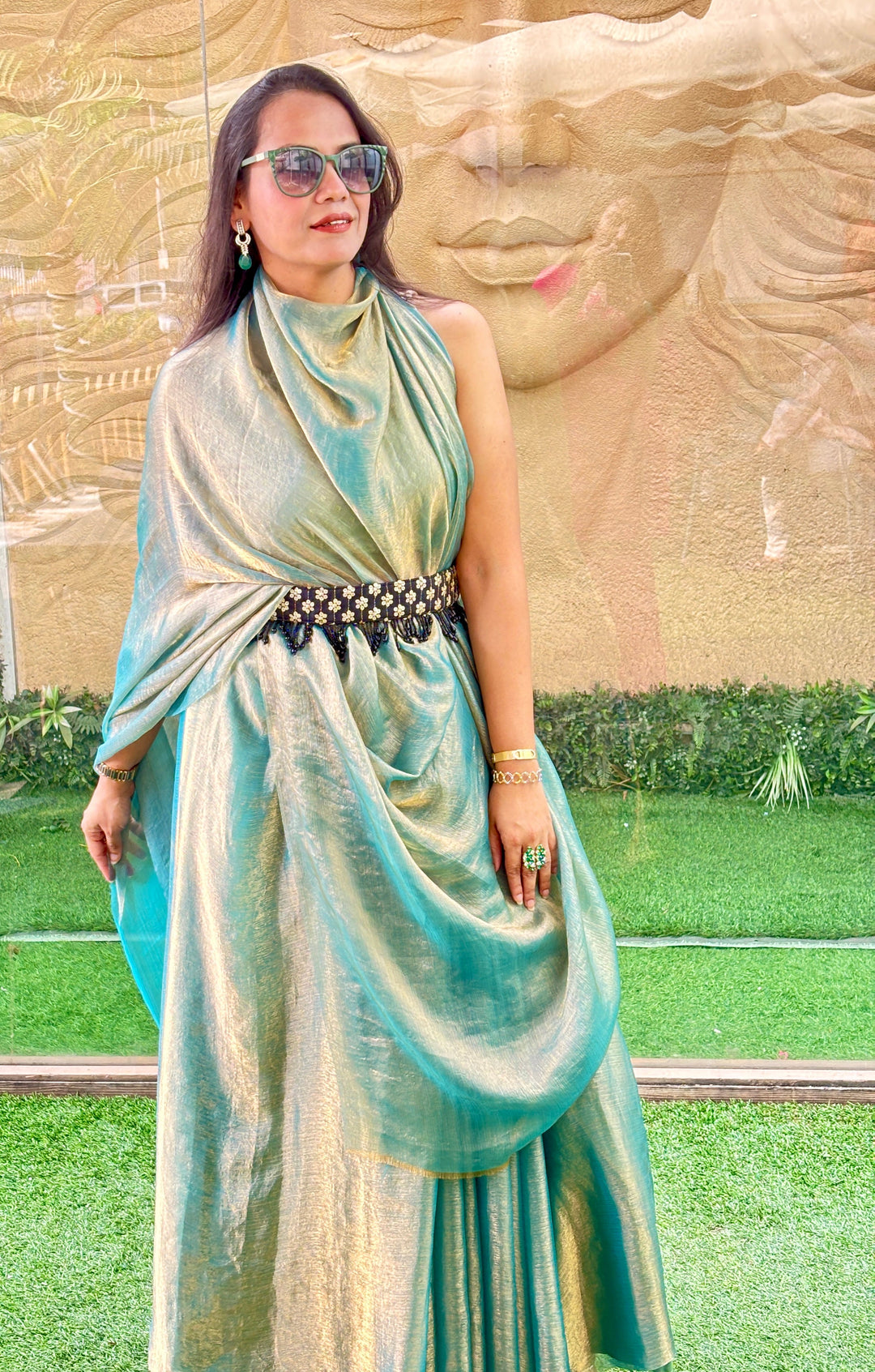 Designer Fendi green gold saree
