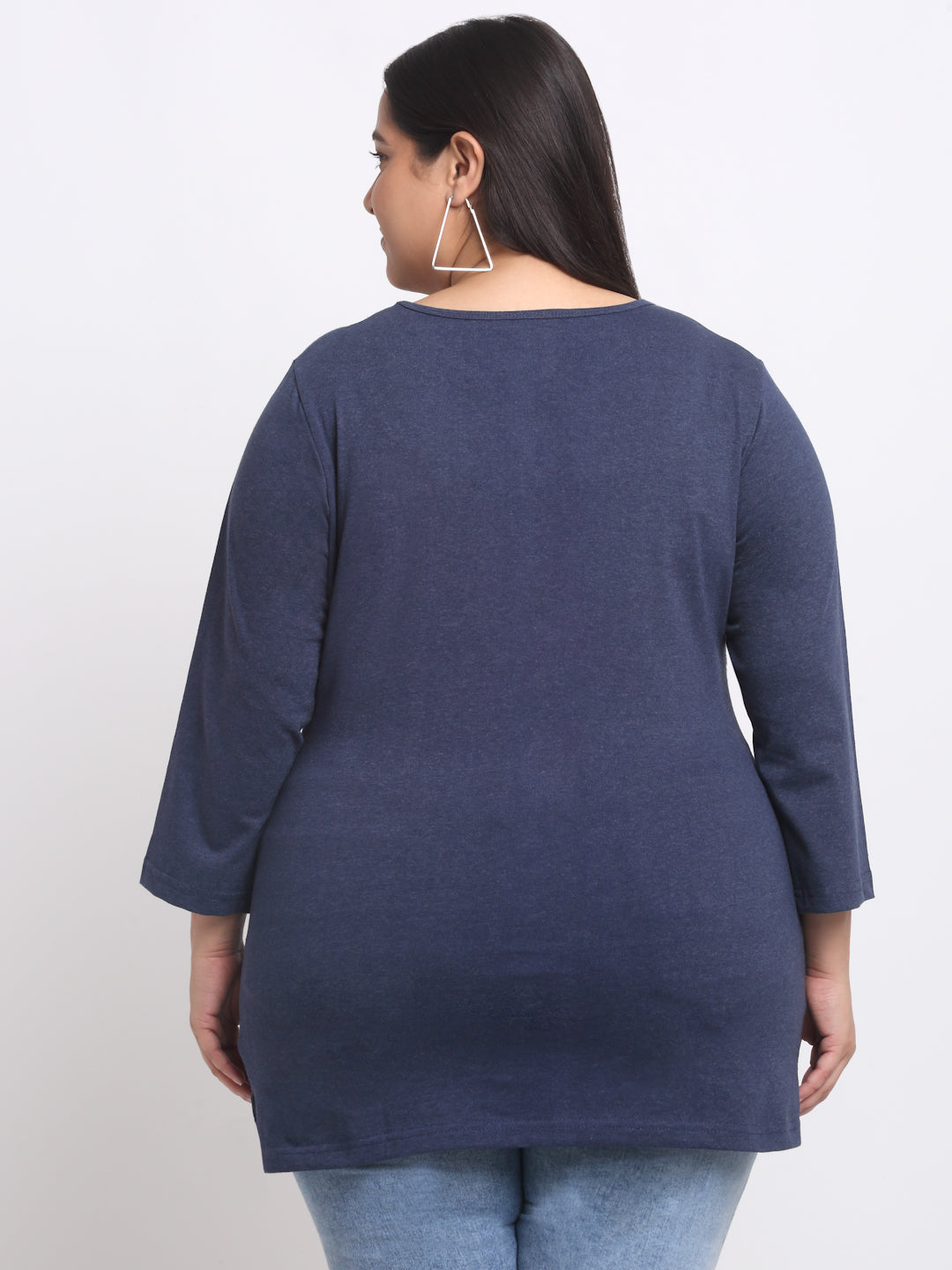 Plus Size  Navy Blue Full Sleeve Longline Cotton T-shirt
