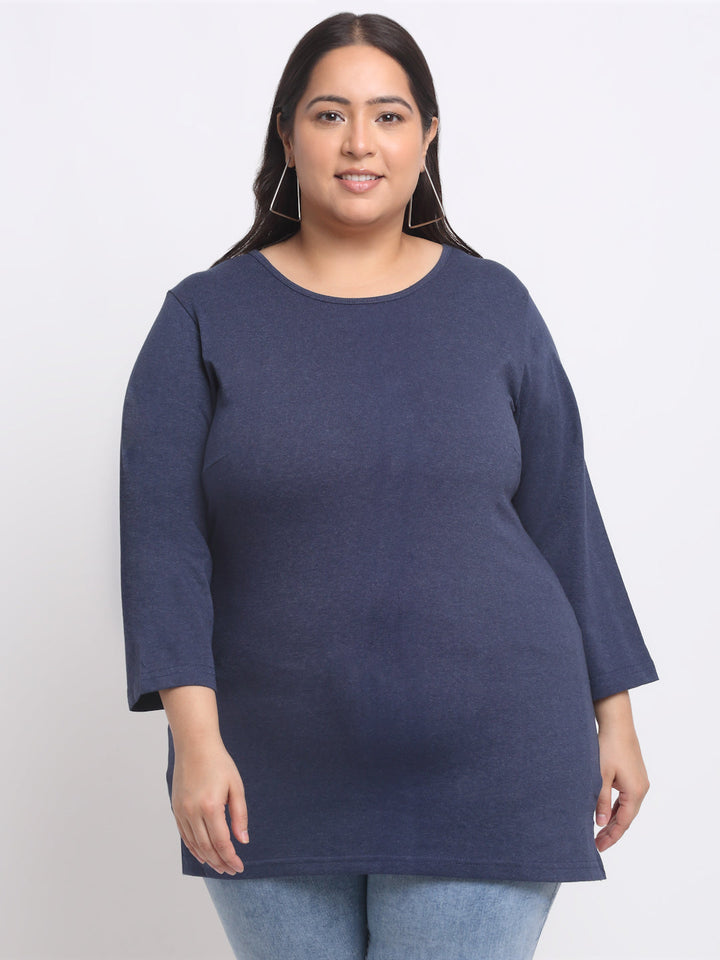 Plus Size  Navy Blue Full Sleeve Longline Cotton T-shirt