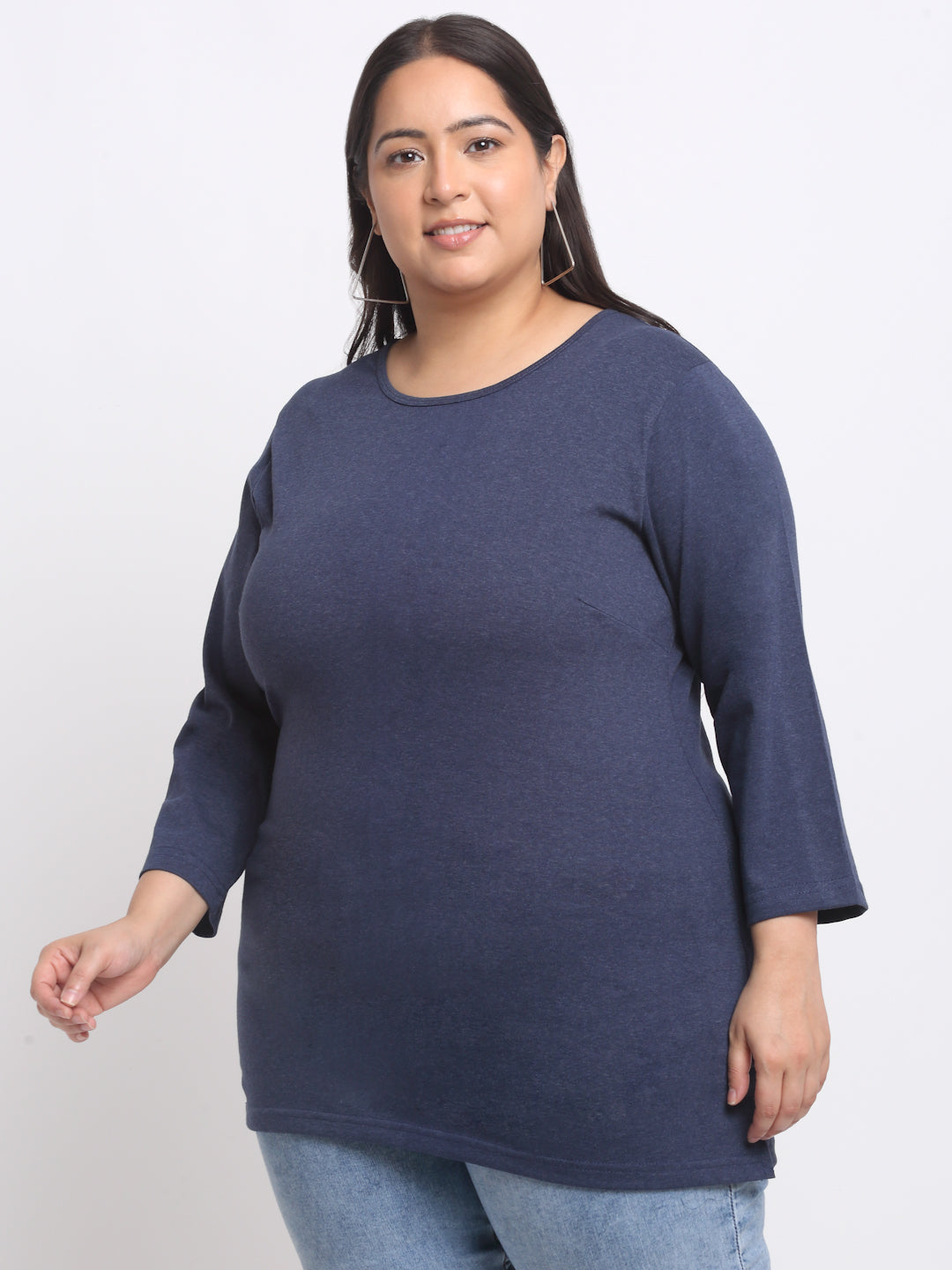 Plus Size  Navy Blue Full Sleeve Longline Cotton T-shirt