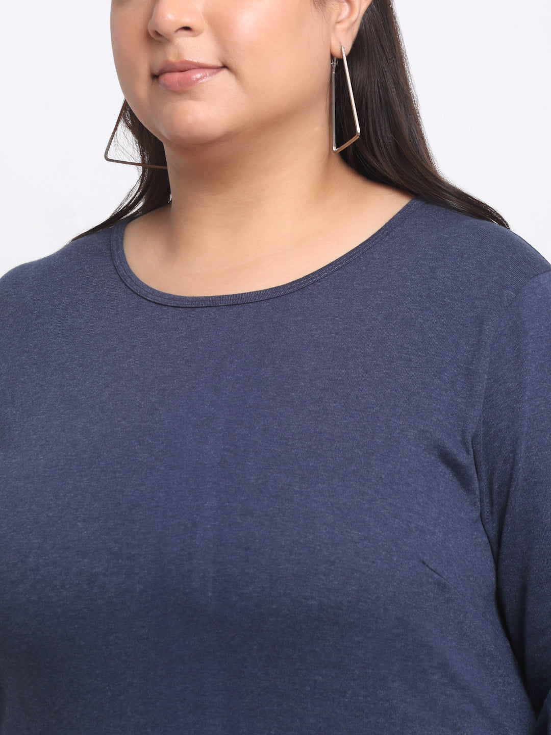 Plus Size  Navy Blue Full Sleeve Longline Cotton T-shirt
