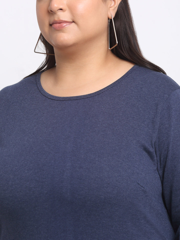 Plus Size  Navy Blue Full Sleeve Longline Cotton T-shirt