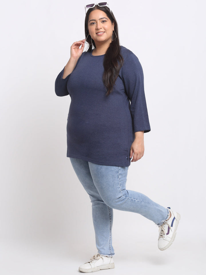Plus Size  Navy Blue Full Sleeve Longline Cotton T-shirt