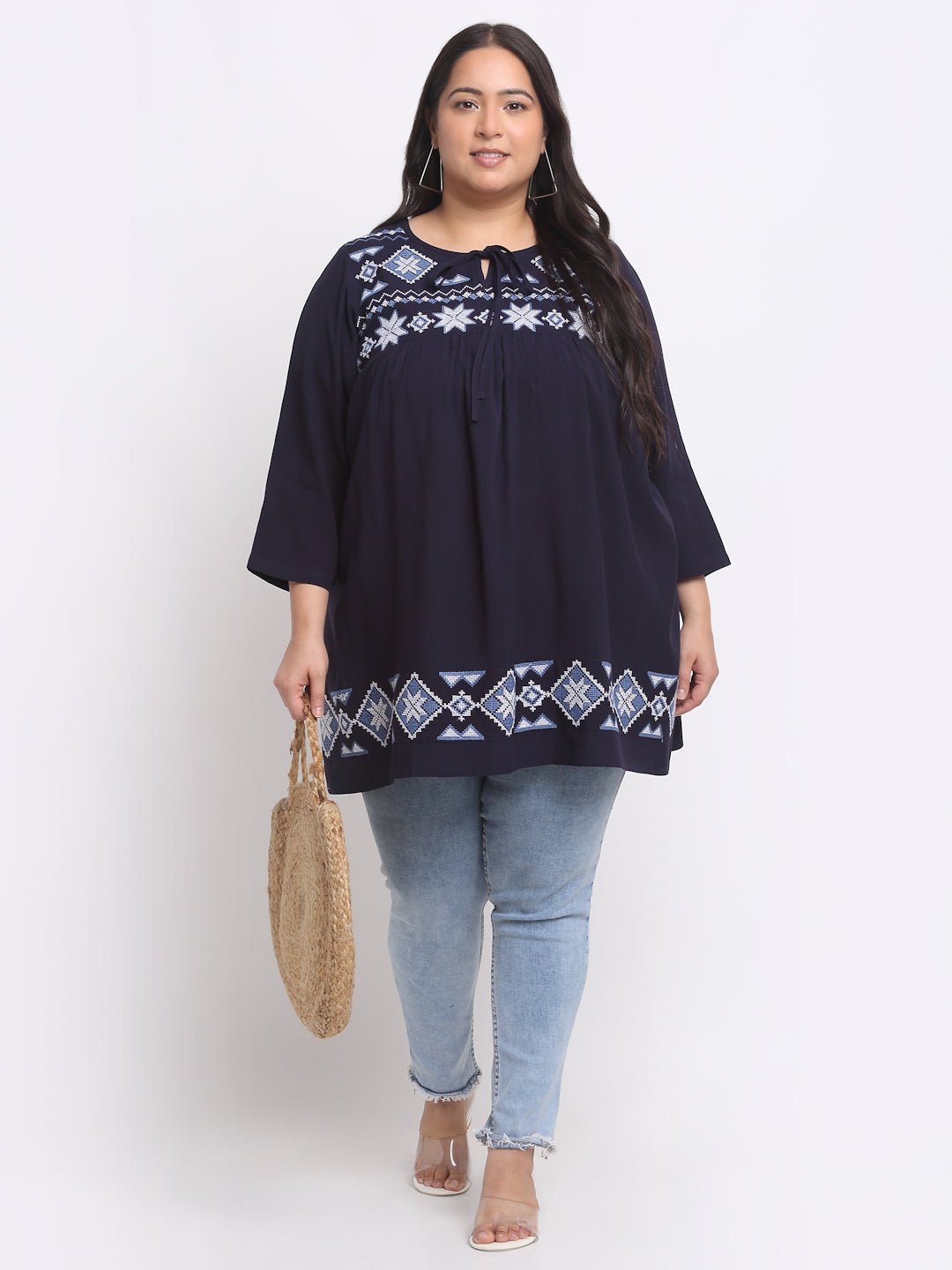 Plus Size  Geometric Embroidered Keyhole Neck Top